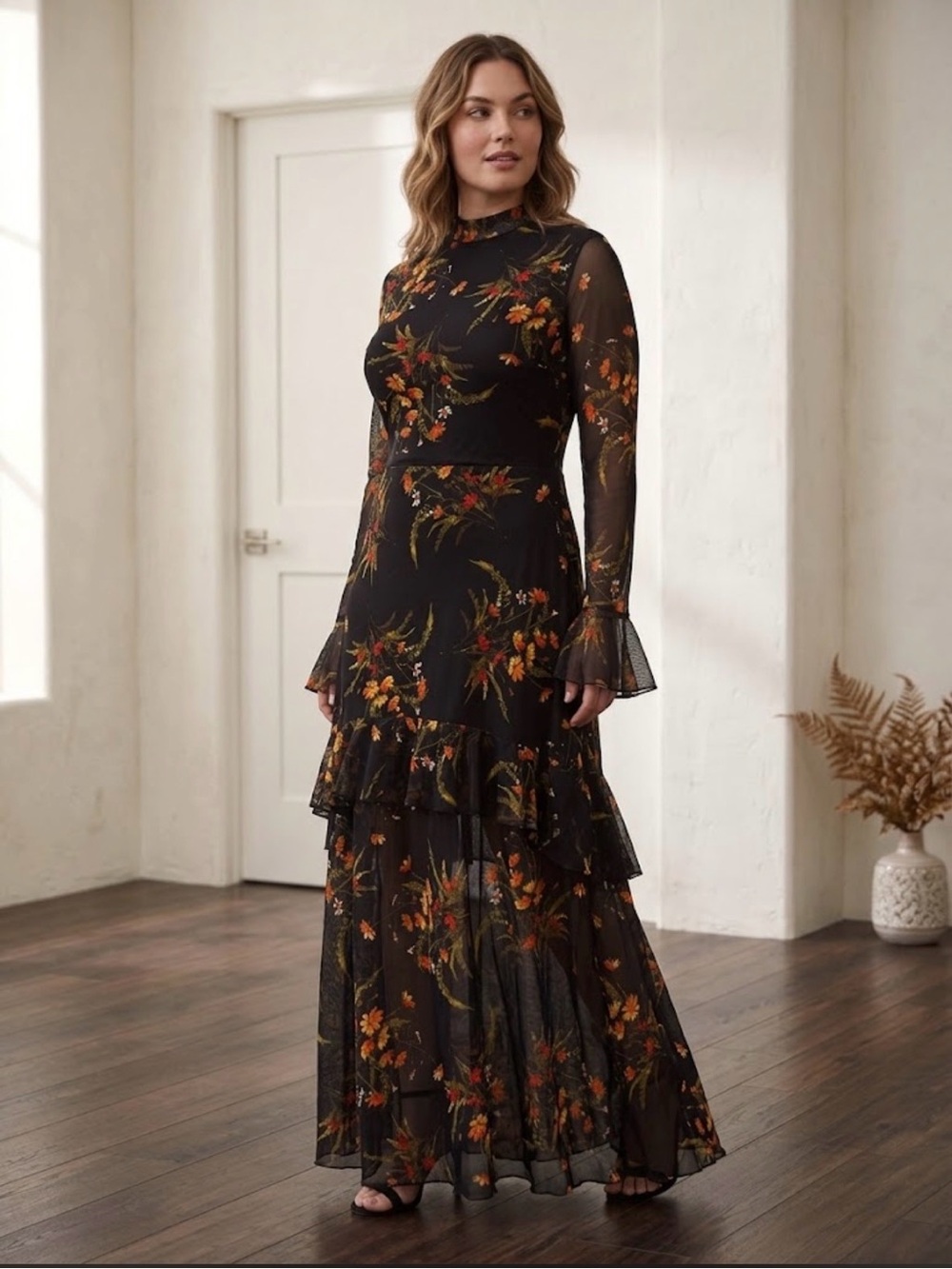 Whimsigoth Floral Mesh Maxi Dress L Vampire Mock Neck Tiered Flounce Bell Sleeve